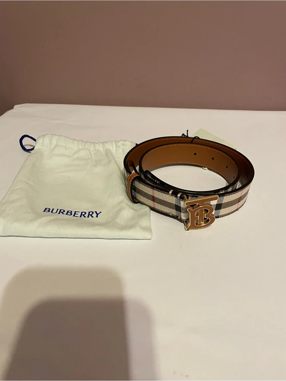 New authentic Burberry Beige Check TB Buckle Belt with Tan Leather
